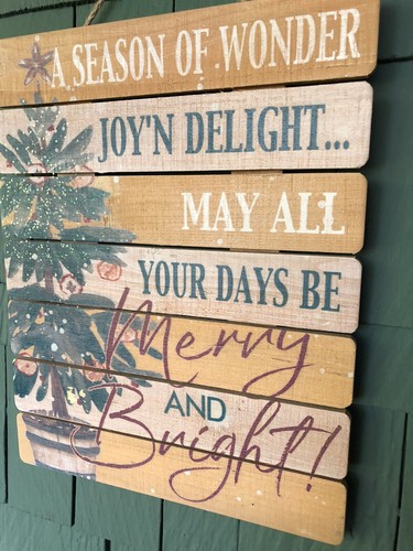 Holiday Spice Wood Slat Sign Merry + Bright Cabin Country Cottage 16" x 13" - Picture 4 of 9
