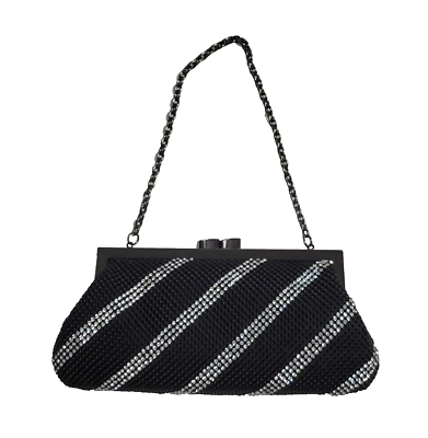 Whiting&Davis フリンジ パーティバッグ Black Silver WHITING & DAVIS Black Mesh Metal Crystal Striped Clutch Evening