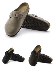 Birkenstock Boston Taupe/Black/Mocha Suede Leather Soft Footbed Unisex Clog Shoe