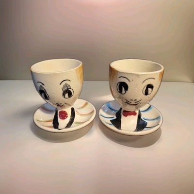 Vintage Anthropomorphic Tuxedo Boy & Girl Egg Cup Pair - Japan - Mid-Century