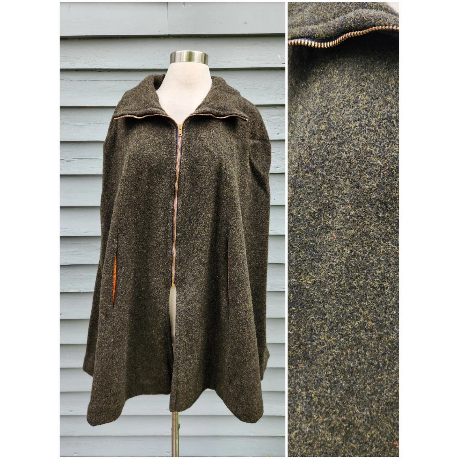 Vintage Wool Cape Poncho Olive Green Zip Front Orange Lining OS