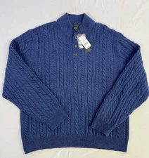 NWT Daniel Cremieux Men Cable Button Up Mock Neck Cashmere Sweater Blue XXL $295