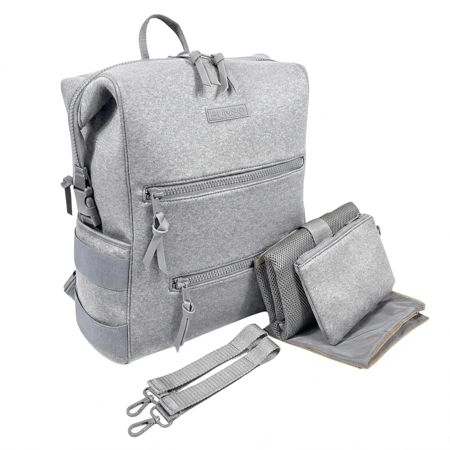 BUNSO Gray Neoprene Diaper Bag Backpack with Changing Pad & Wet Bag