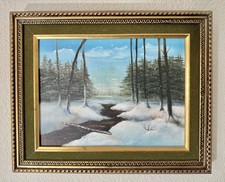 Framed Oil Painting Winter Forest Landscape at Sunset