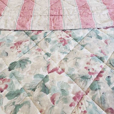 Vtg Crown Crafts Full Comforter Pastel Floral Reversible Striped Cottage Style