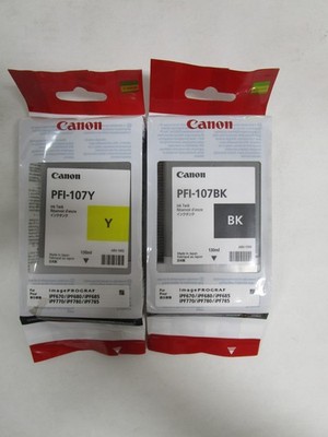 CANON PFI-107 BLACK YELLOW DATES 2023 2024 NEW SEE PHOTOS FREE SHIPPING LOT OF 2