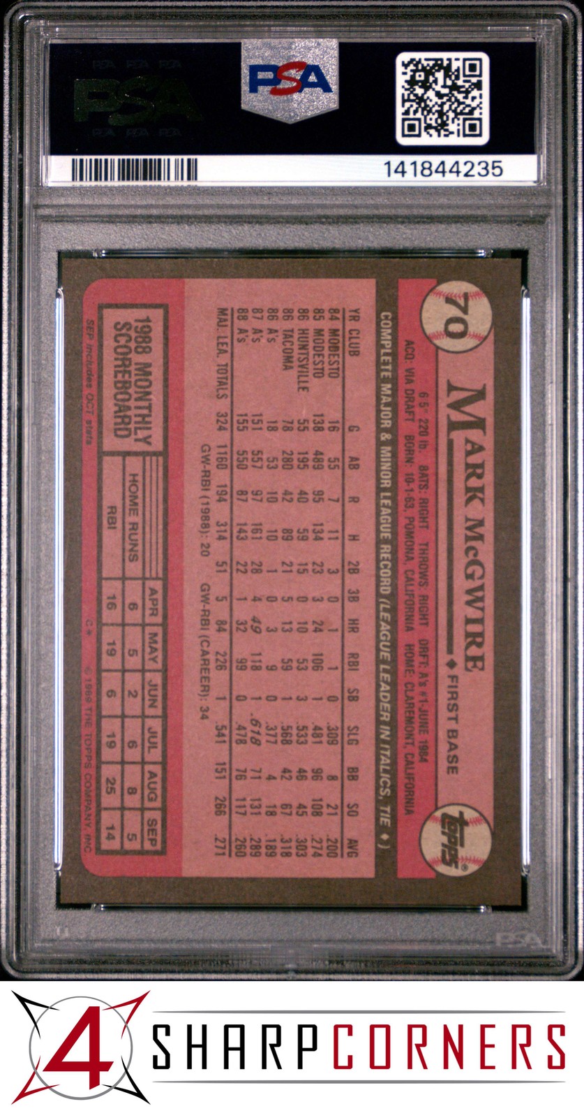 1989 TOPPS #70 MARK McGWIRE ATHLETICS PSA 10 view 2