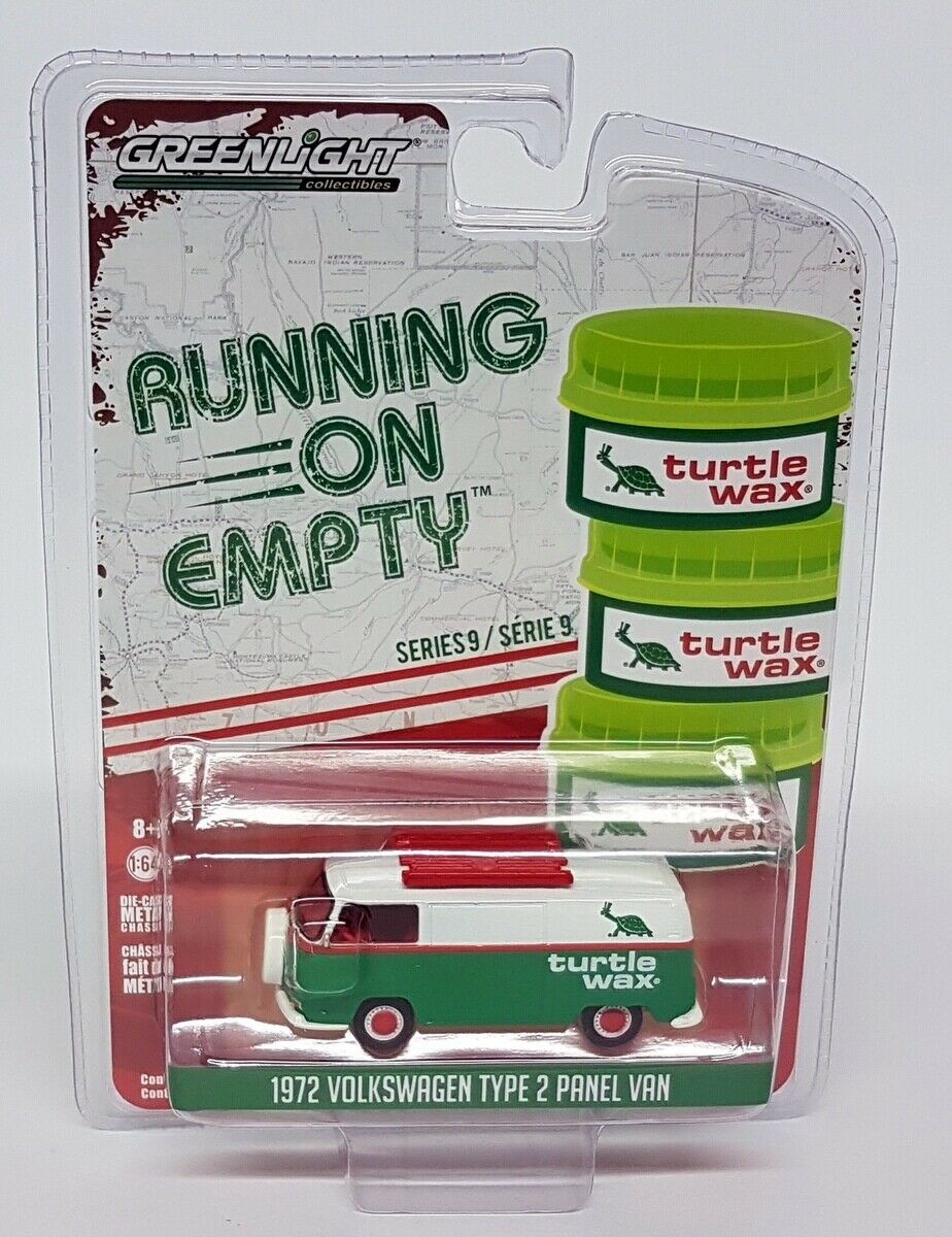 Greenlight 1/64 1972 Volkswagen T2 Panel Van Turtle Wax Running On Empty