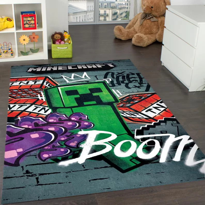 Creeper Rug, TNT Boom Graffiti Gamer Carpet, Boys Room Mat