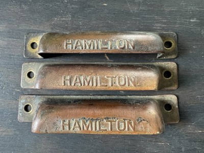 Three Hamilton Antique Brass very bent printer type tray HANDLE pulls