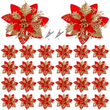24 Pcs Christmas Glitter Poinsettia Flowers Christmas Tree Ornaments Artifici...