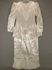 Vintage Jessica McClintock Dress Womens 14 White Satin Lace Wedding Gown 80s
