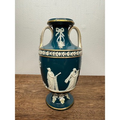 Vintage 1900s Wedwood Teal Ceramic Urn Vase with White Relief Figures Gold Trim