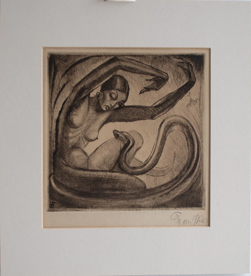Frauenakt mit Schlange Jugendstil signiert Monogramm Radierung Anfang 20 Jhd - Bild 4 von 4