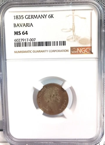 GERMANY BAVARIA 1835 6 KREUZER NGC MS 64