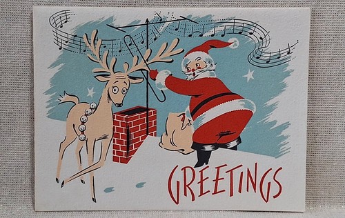 Rare Mid-Century Modern Musiclef Vintage Santa & Reindeer Christmas Card 4.5×6"