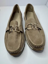 Woman's Tan And Gold Slip Ons Size EU43/11-11.5