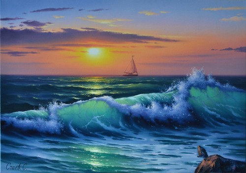 "Paesaggio marino, dipinti su tela, originale, oceano, arte murale, ""Vento favorevole" - Foto 2 di 10