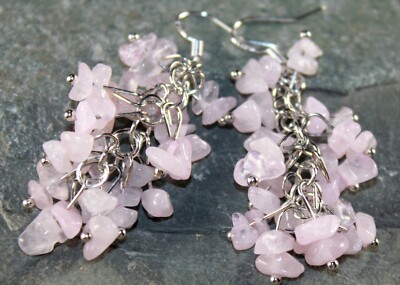 SILVER Charged Natural Gemstone Rose Quartz Chip Cluster Earrings