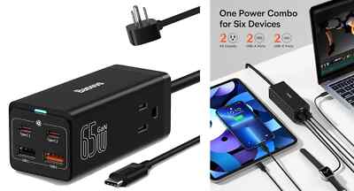 Baseus PowerCombo 65W 6-in-1 PowerStrip: 2×USB-A, 2×USB-C PD, 2×110V AC, 5Ft 