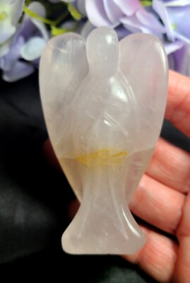 3.2'' 101g  Palest Rose Quartz w Golden Healer Praying Angel Crystal Carving Ston