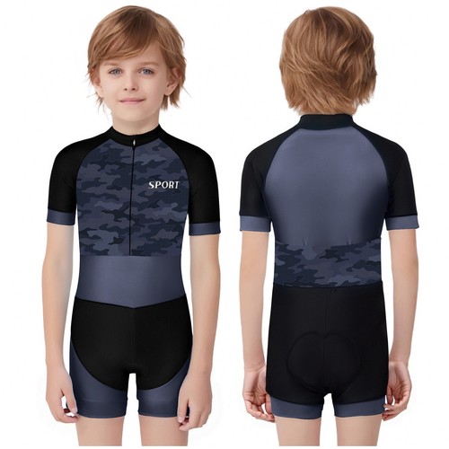 Boy Cycling Leotards Print Zip Up Training Uniform Bodysuit Biketard With Shorts - Picture 16 of 45