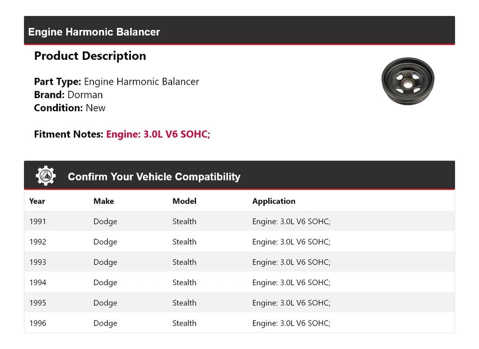 Para 1991-1996 Dodge Stealth 3.0L V6 SOHC Dorman Engine Harmonic Balancer 1992 - Imagem 2 de 4