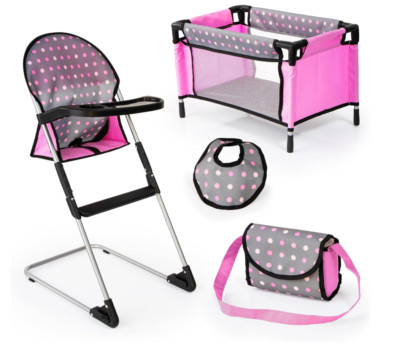 Bayer Design Puppen Zubehör Set Hochstuhl Puppenbett  Tasche Latz ab 3 Jahren