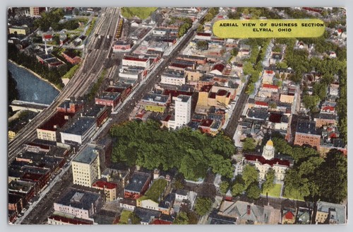 Aerial View of Business Section Elyria Ohio Linen Postcard