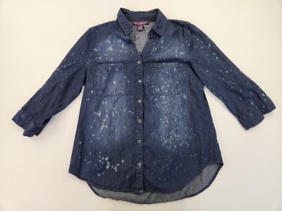 Gloria Vanderbilt Shirt Women M Blue Denim Button Up Bleaching Wash 3/4 Sleeve