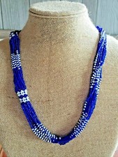 African- Massai- Blue w/White Flowers- Handmade Glass Bead Necklace- Kenya- New