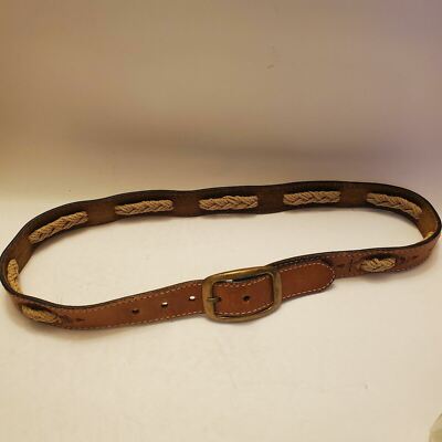Vintage Hand Tooled Leather Belt Brass Buckle Braided Weaved  display picture 3