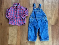 Vintage 1980s OshKosh B  Gosh 2 Pc 18M Denim Overalls Flannel Set Matching