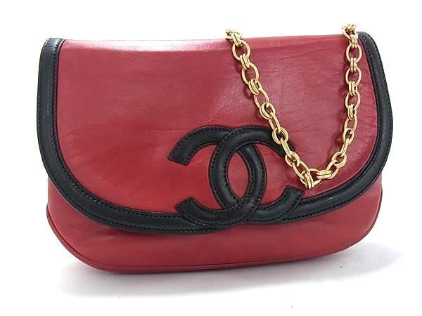 Chanel Red Black Lambskin Half Moon Shoulder Bag with Gold Chain  -image