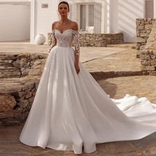 Luxurious Off The Shoulder Wedding Dress A-Line Satin Lace Applique Bride Gown