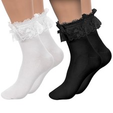 2 Pairs Solid Lace Ruffle Socks, Cute Slouch Athletic Socks, Soft Cotton Ankle