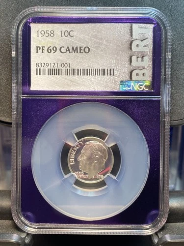 1958 Roosevelt Dime PF 69 CAMEO NGC (BERT Trader Bea PURPLE CORE)