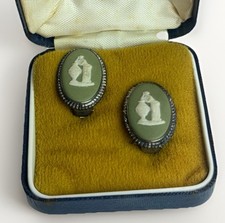 Wedgwood Green Jasperware Oval Clip-On Earrings Sterling Silver 925 w/ Box 