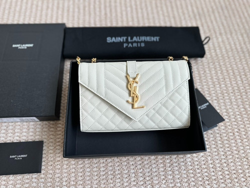 YSL Saint Laurent Envelope Chain Wallet Bag White Grained Leather Gold HW 