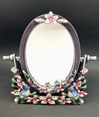 Enameled Table Top Oval Mirror Birds Flowers Rhinestones Swivel Easel Vanity