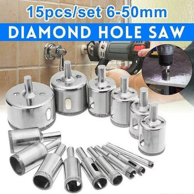 15Pcs Diamond Hole Saw Drill Bit Set, for Home Workshop (Silver)