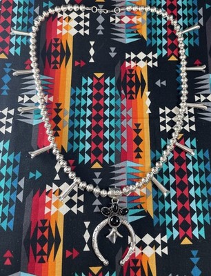 Sterling Silver Black Onyx Naja Squash Blossom Beaded Necklace 