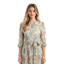 Vintage Floral Cottagecore Midi Dress Sheer Puff Sleeve Prairie Garden Handmade