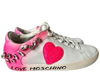NEW Love Moschino Free Love Diamante White Pink Bling Glitter Sneakers 38 7.5
