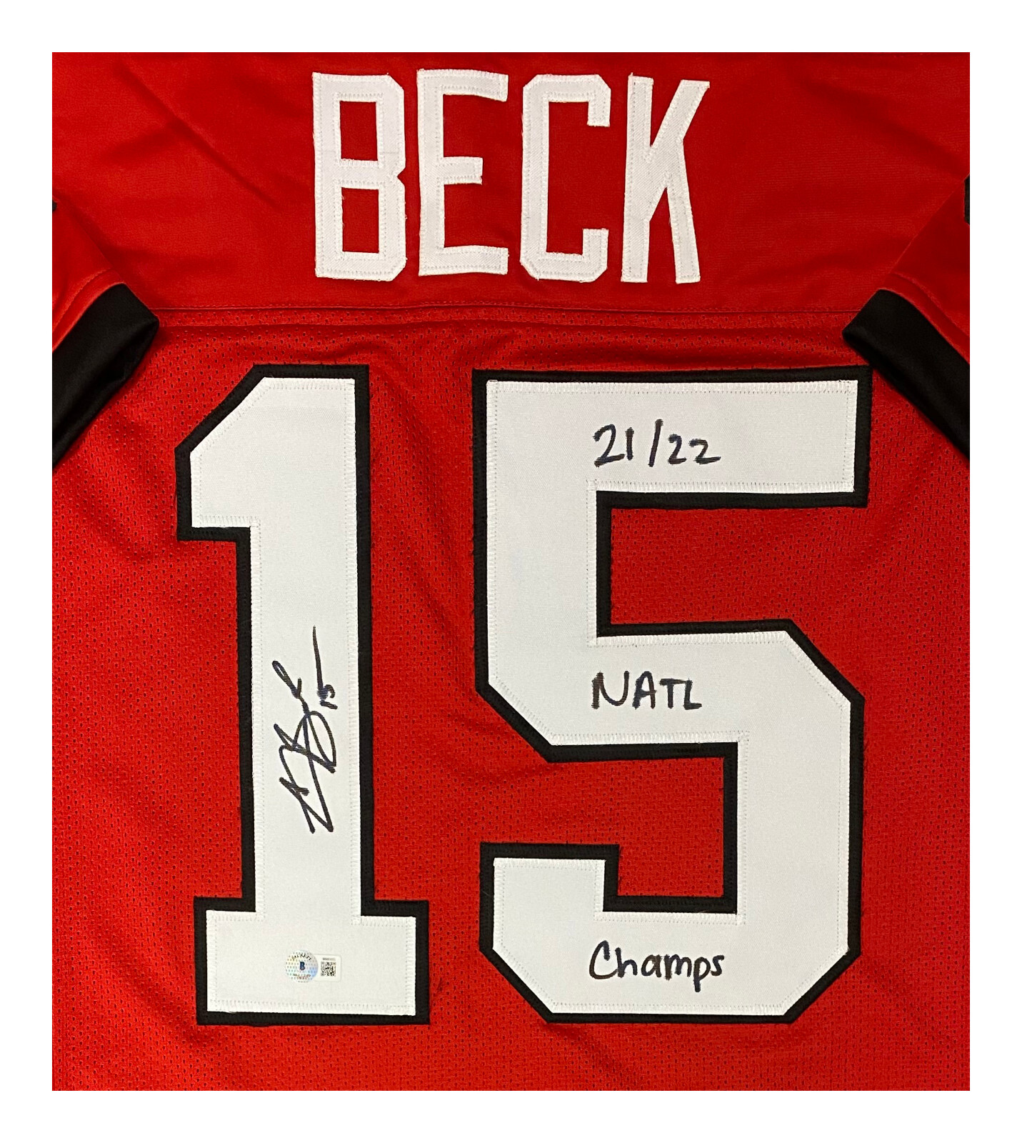 Carson Beck Autographed Signed Georgia Bulldogs GA Red Custom Jersey with 21/22 Champs Inscription- BAS COA 
