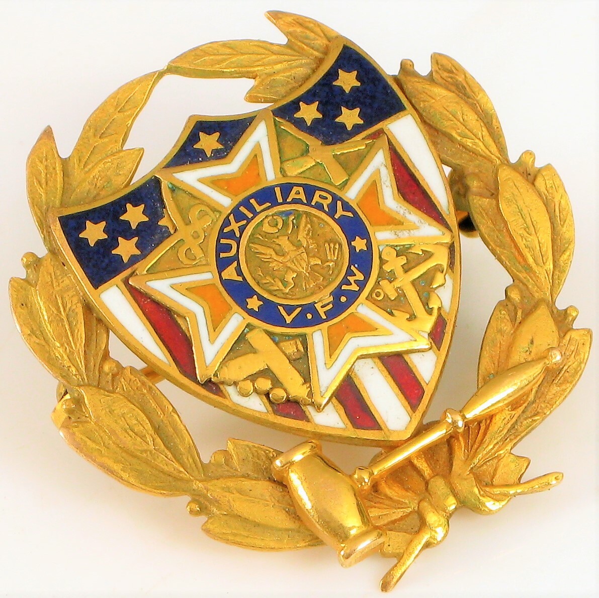 ANTIQUE FINE 10K YELLOW GOLD VFW VETERANS OF FOREIGN WARS ENAMEL