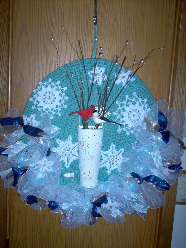 New, handcrafted/crochet winter wreath, 24" frame, blues, white, gold   a