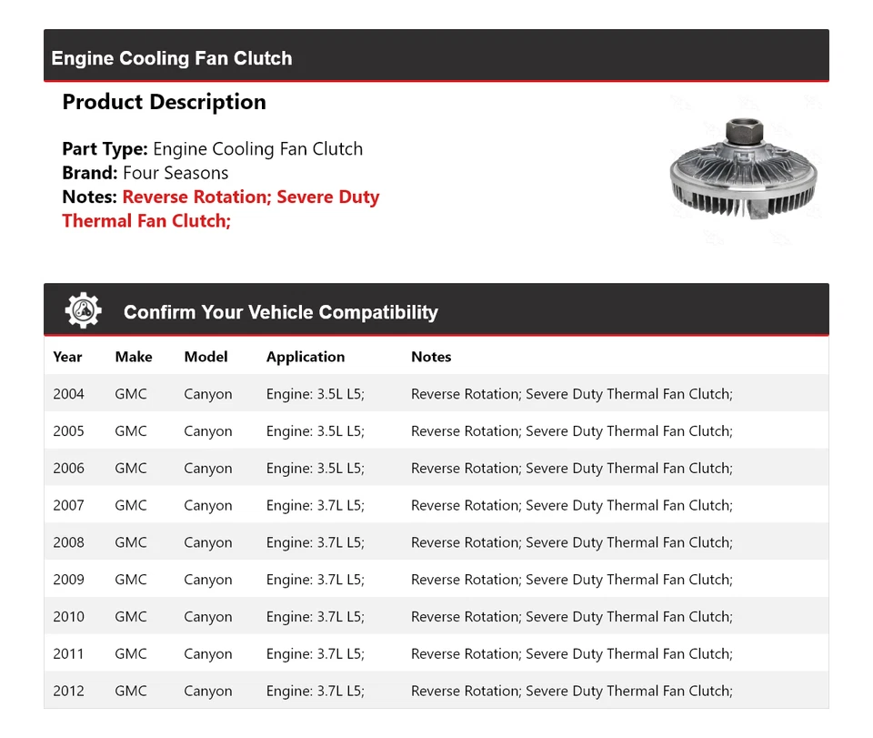 Embrague ventilador refrigeración motor GMC Canyon 2004-2012 4 estaciones 2005 2006 2007 2008 Foto 2 de 4