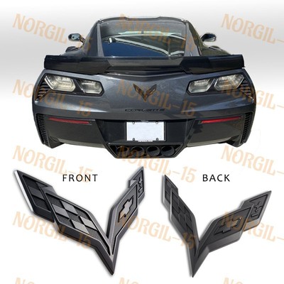 2pcs C7 Corvette Emblems - Front & Rear Crossed Flags Carbon Fiber Exterior Badges 2014-2018