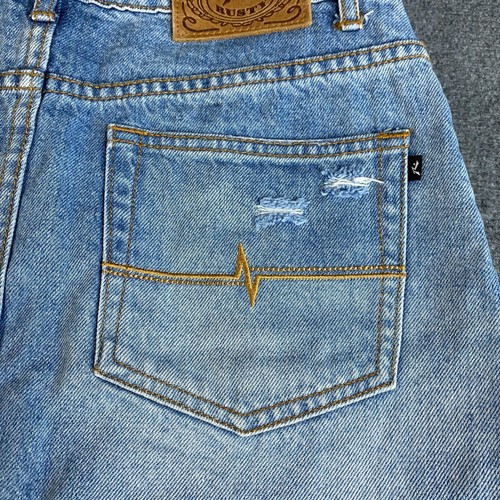 RUSTY Denim Skirt Womens Size 8 Blue Button Fly Distressed Wash Fade Denim Mini - Picture 8 of 11